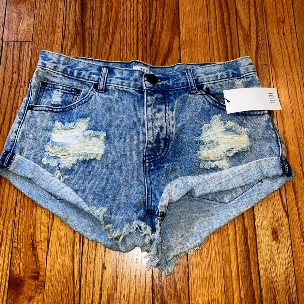 Tobi Light Wash Denim High Rise Distressed Shorts
